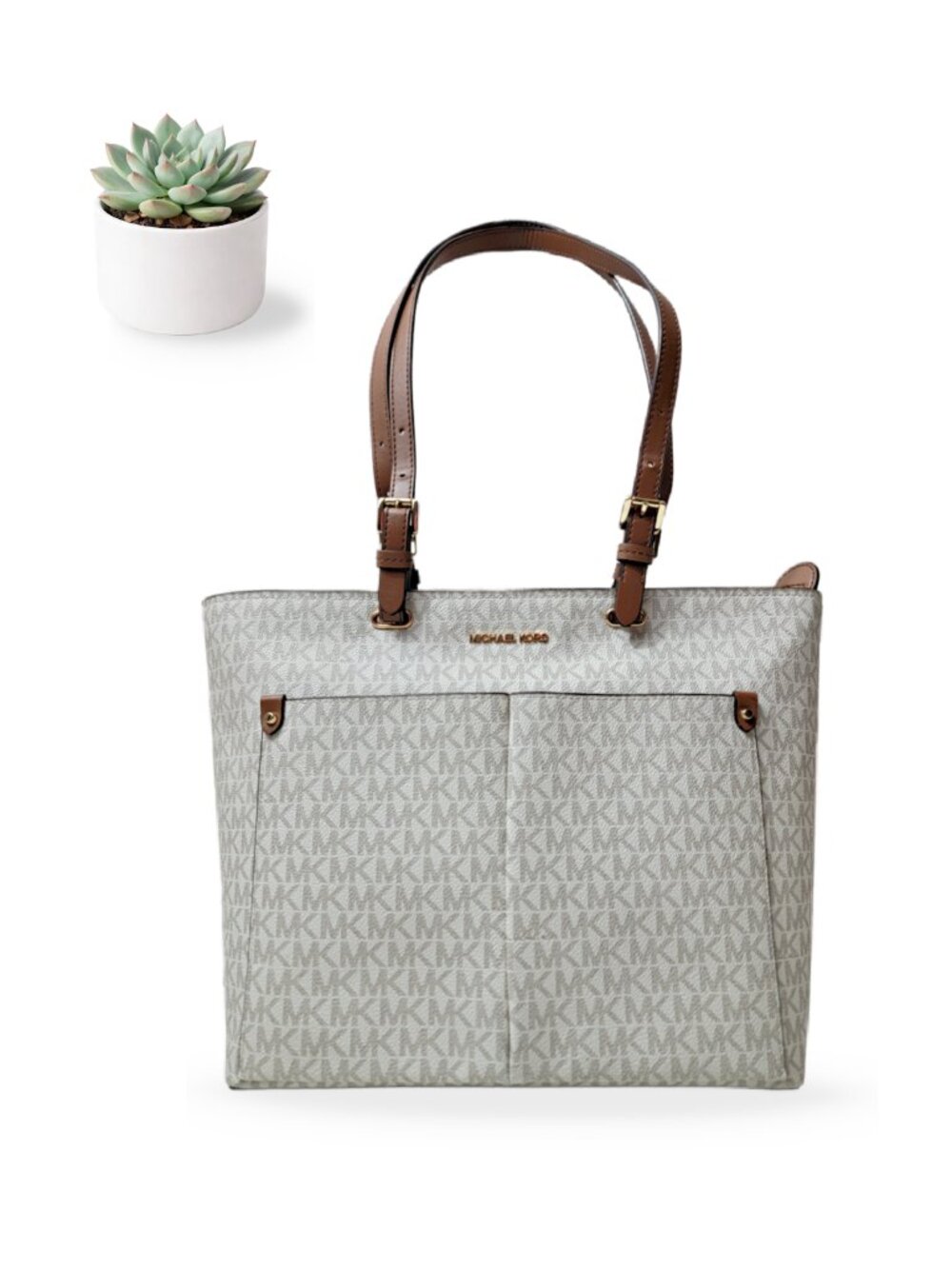 Michael Kors Jet Set Medium Logo Pocket Tote Vanilla MK Signature 35F3GTVT3B